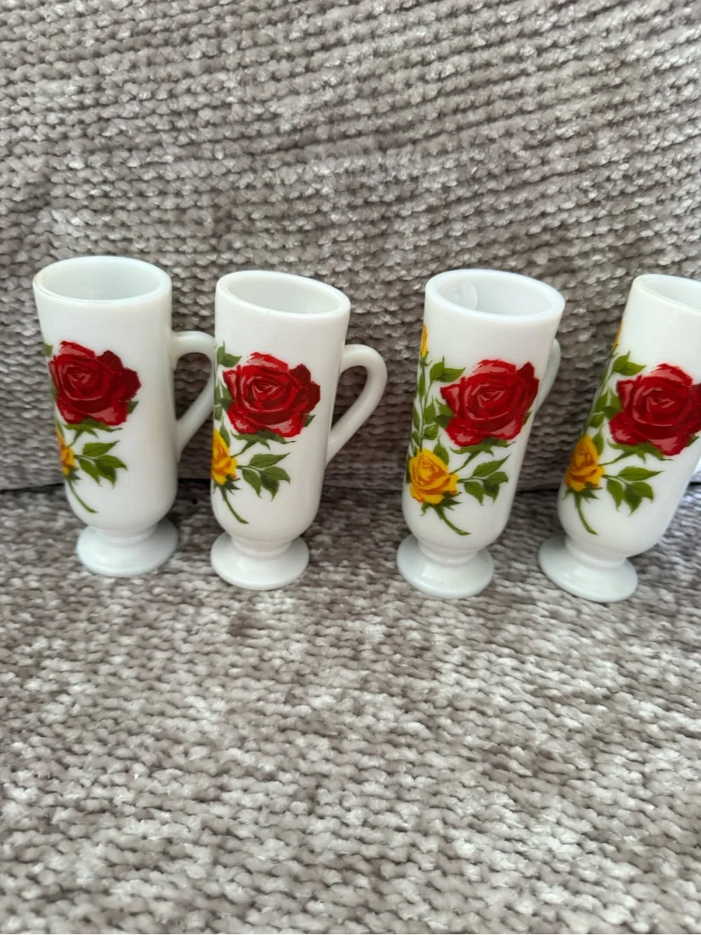 Vintage AVON Red & Yellow Roses White Milk Glass Handled Pedestal Bud Vase 5''H